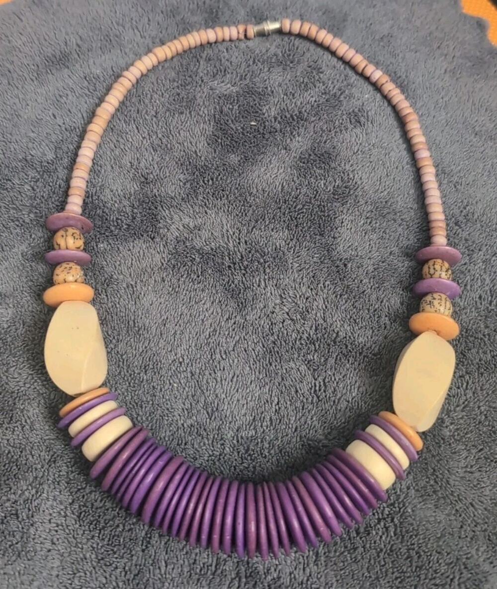 Native Heishi Beaded Necklace Purple Lavender Orange Beige Beads 19" Inches Wood